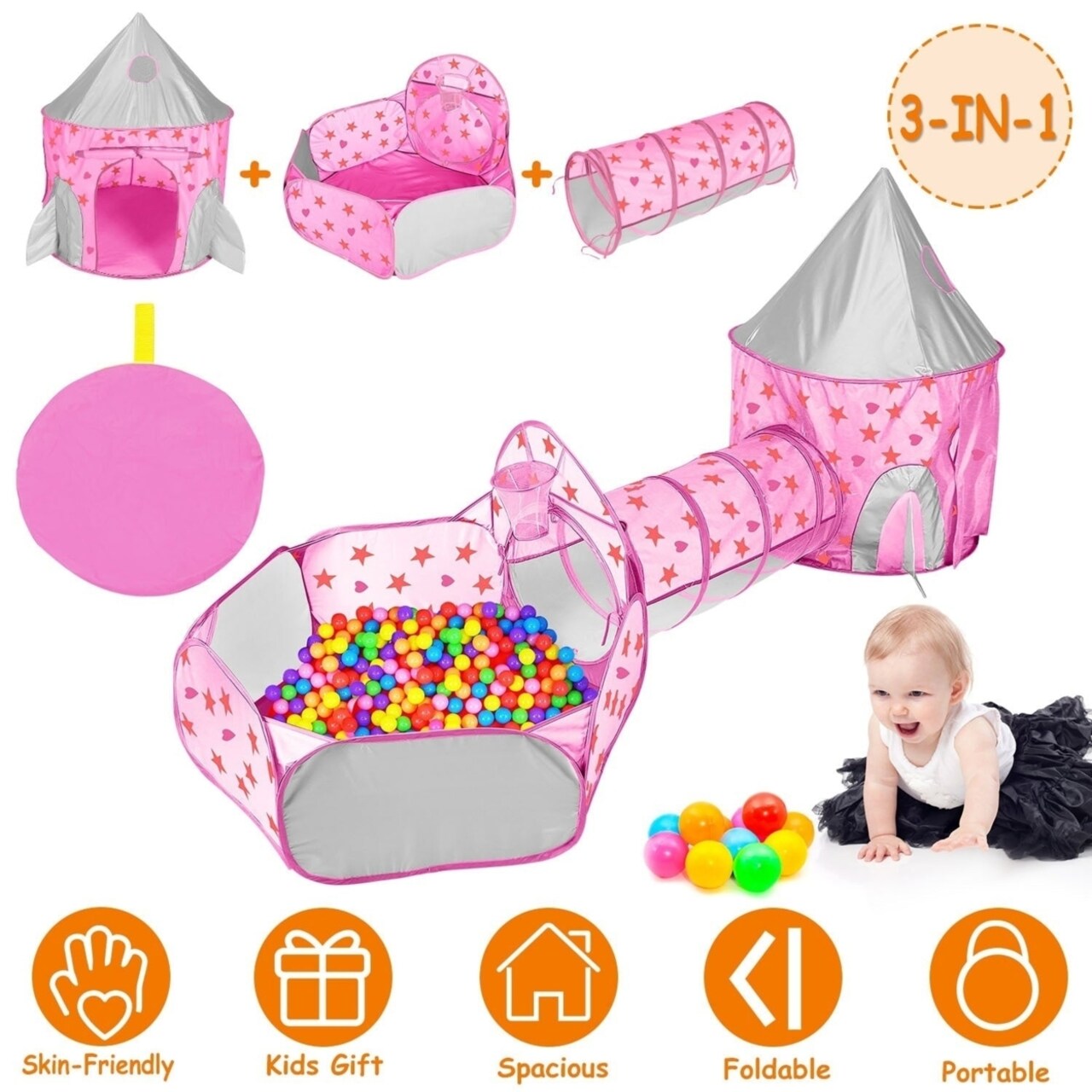 SKUSHOPS 3 In 1 Child Crawl Tunnel Tent Kids Play Tent Ball Pit Set Foldable Children Play House Pop-up Kids Tent with Storage